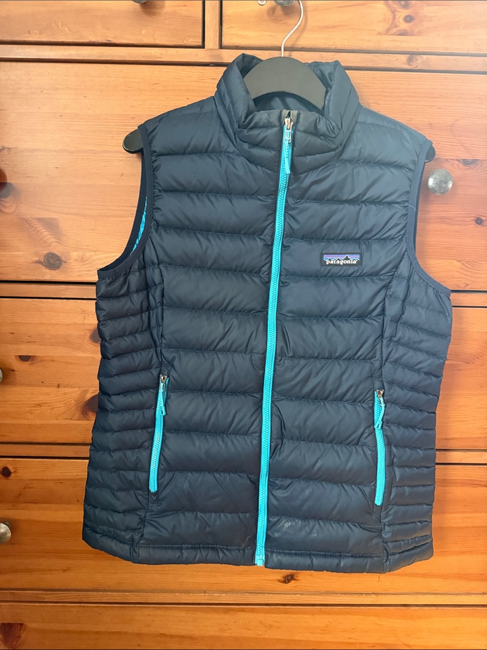 Patagonia Navy Down Sweater Vest with Teal Trim
